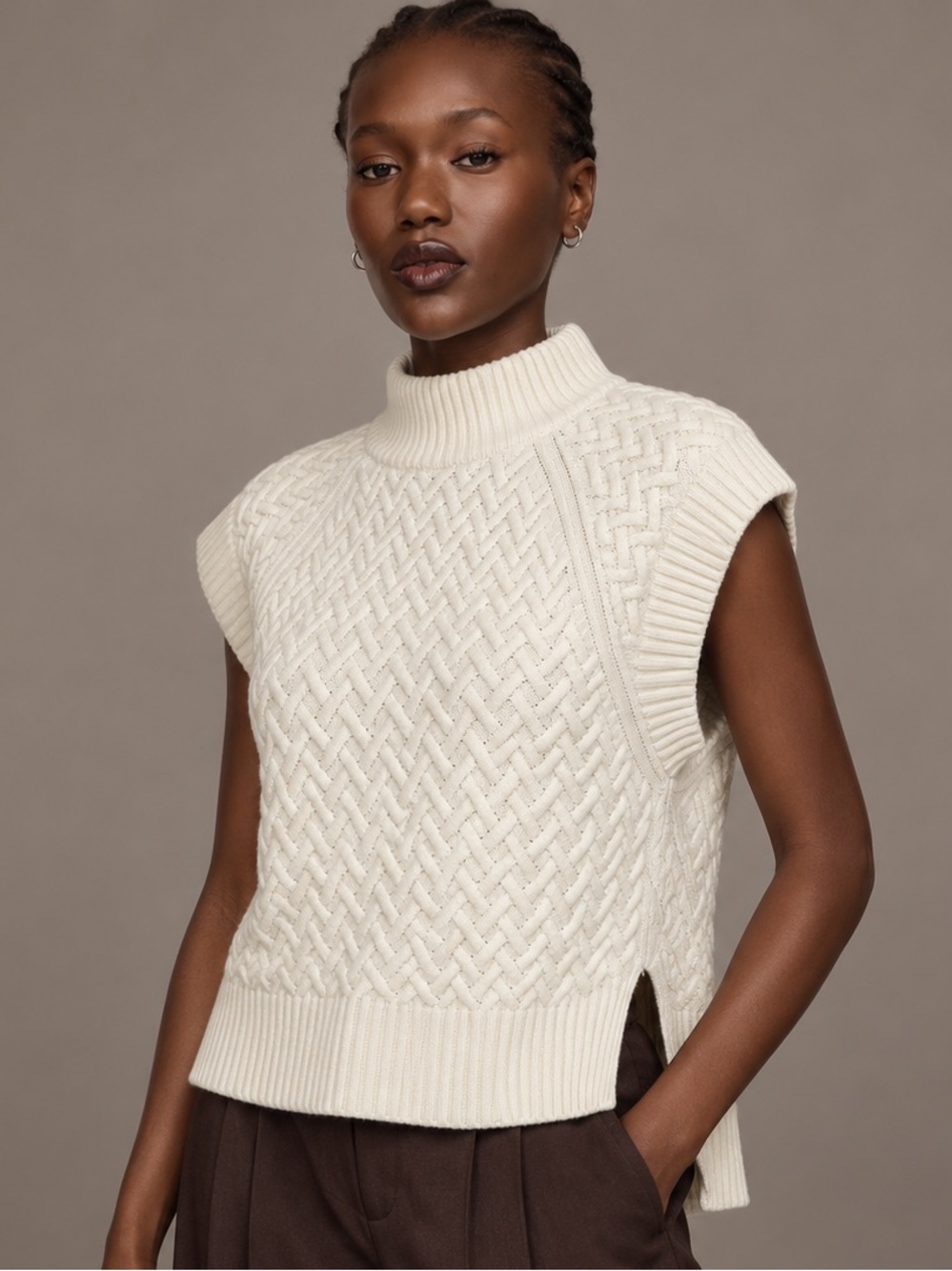 Ted Baker Snowiey Ivory Wool Blend Mock Neck Sweater Vest UK 8 US 4